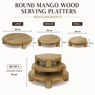 Set of 3 Round Mango Wood Serving Platters, Raised Serving Boards