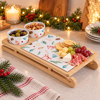 Christmas Sleigh Serving Board Set with Ceramic Platter and 2 Bowls, 33.5 cm