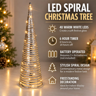 Silver LED Cone Tree Ornament 60cm, 40 Warm White Lights Battery Operated