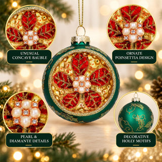Green & Gold Concave Glass Christmas Bauble, Gisela Graham Poinsettia 8cm