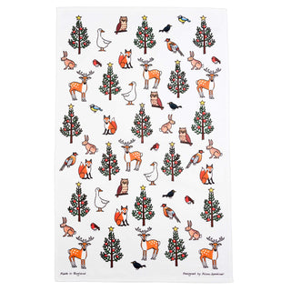 Christmas Tea Towel Winter Wildlife Kitchen Towel | Festive Tea Towels Christmas Tree Tea Towel | Cotton Dish Towel