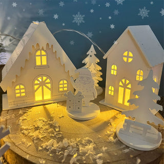 LED Christmas Village | 10-Piece Wooden Christmas Scene with 4 Light-Up Houses