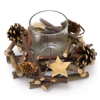 Rustic Wooden Glass Festive Christmas Tealight Candle Holder Decoration Centerpiece