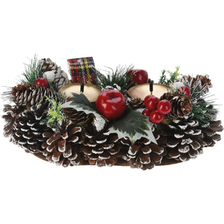 Christmas Wreath Double Candle Holder | Berry & Pinecone Candle Holder - 25cm