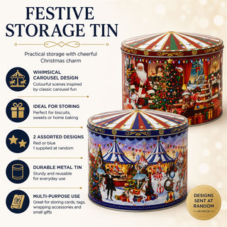 Christmas Storage Tin, Round Metal Carousel Biscuit Tin, 20 cm, Assorted