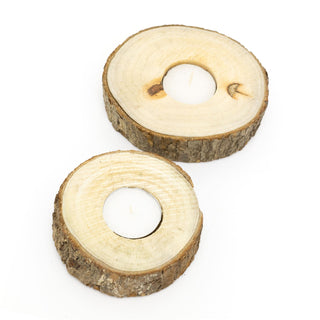 Set Of 2 Natural Tree Bark Tea Light Holders | Rustic Wooden Tree Slice Tealight Candle Holders | Tree Log Christmas Wedding Tealight Candles