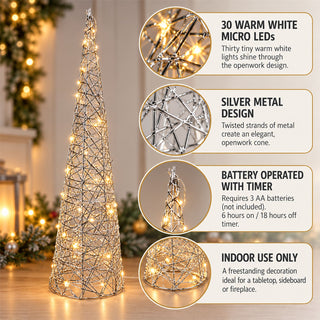 Silver LED Cone Christmas Tree Decoration 60cm, Battery Operated Timer