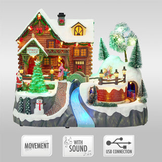 LED Christmas Reindeer Lodge Snow Scene with Movement and Music, 35cm Wide