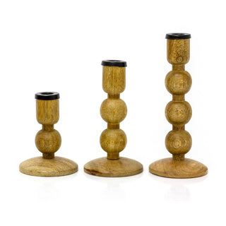 Set Of 3 Mango Wood Candlesticks | 3 Piece Rustic Dinner Candle Stick Holders