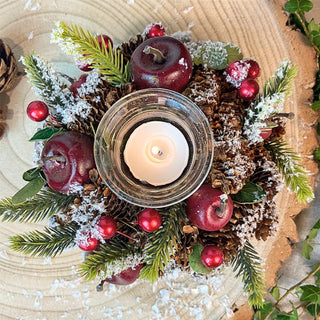 Christmas Tealight Candle Holder | Pinecone & Fruit Wreath Centrepiece - 16cm