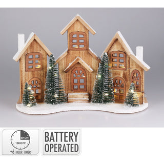 Rustic Wooden LED Christmas Village Scene | Light-Up Christmas Houses - 38x27cm