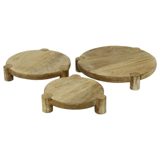 Set of 3 Round Mango Wood Serving Platters, Raised Serving Boards