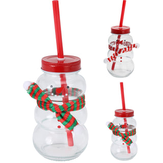 Snowman-Shaped Glass Drinking Jar with Lid and Straw | Christmas Mason Jar