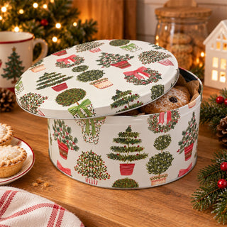 Topiary Christmas Cake Tin, Gisela Graham Festive Round Metal Storage Tin 23cm