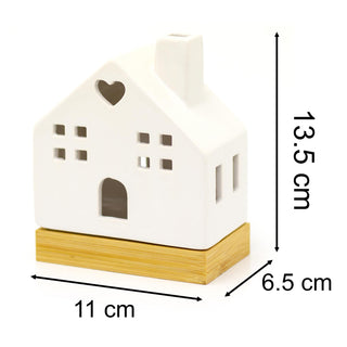 White Ceramic LED Christmas House Ornament On Bamboo Base | Light up Decoration