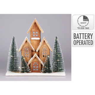 LED Wooden Christmas House with Bottle Brush Trees | Light Up Ornament - 30cm