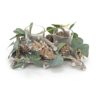 20cm Alpine Sage Double Christmas Tealight Candle Holder | Twin Christmas Garland Tea Light Holder | Christmas Candle Centerpiece