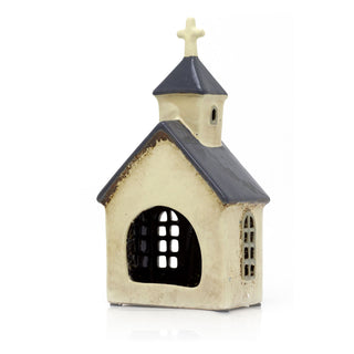 Village Church Tealight Candle Holder | Rustic Pottery Chapel Tea Light Ornament