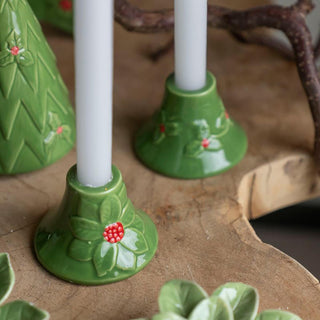 Set of 2 Green Ceramic Christmas Candlesticks | Holly and Berry Candle Holders