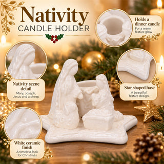 White Ceramic Nativity Scene Christmas Candle Holder, Gisela Graham 11cm