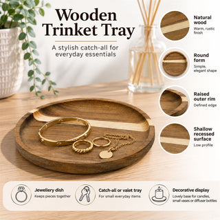Wooden Trinket Tray, 15cm Round Rustic Trinket Dish in Natural Wood