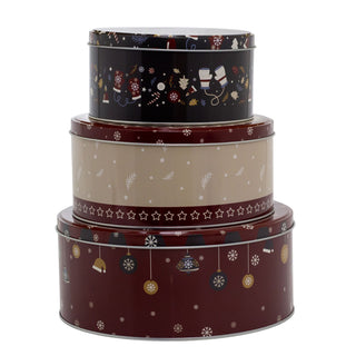 Set of 3 Christmas Storage Tins | 3-piece Festive Round Kitchen Nesting Tins