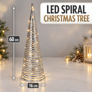 Silver LED Cone Tree Ornament 60cm, 40 Warm White Lights Battery Operated
