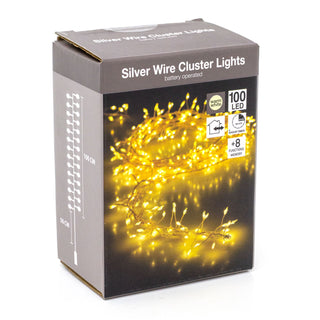 Silver Wire Cluster Lights | Indoor Outdoor 100 LED Warm White Fairy Lights