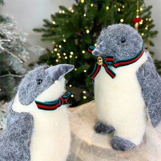 Cosy Wool Penguin Ornament | Adorable Grey Christmas Penguin with Bowtie - 18cm