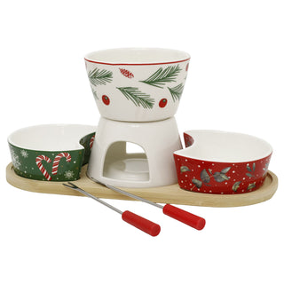 Christmas Chocolate Fondue Set, 6-Piece Ceramic Kit with Bowls & Forks