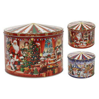 Christmas Storage Tin, Round Metal Carousel Biscuit Tin, 20 cm, Assorted