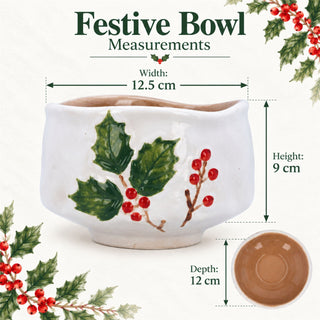 Holly & Berries Christmas Serving Bowl, Gisela Graham Ceramic 12.5cm