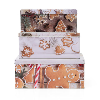 Set of 3 Gingerbread Christmas Storage Tins | Festive Rectangle Nesting Tins