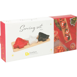 Christmas Serving Set | 3 Ceramic Snack Bowls with Bamboo Paddle Tray