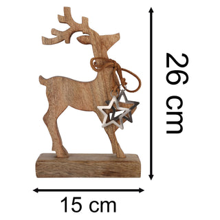 Rustic Wooden Reindeer Ornament | Christmas Deer Sculpture on Wooden Base - 26cm