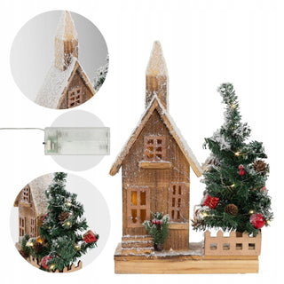 LED Wooden Christmas House with Tree | Snow-Covered Light Up Village House 44cm