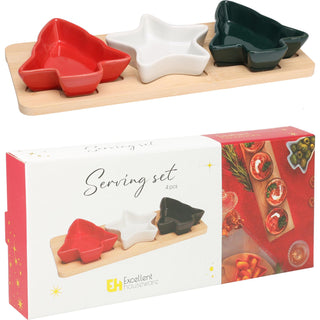 Christmas Serving Set | 3 Ceramic Snack Bowls with Bamboo Paddle Tray