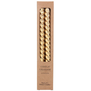 Pair of Metallic Gold Twist Dinner Candles | 2 Christmas Taper Candles - 25cm