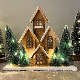 LED Wooden Christmas House with Bottle Brush Trees | Light Up Ornament - 30cm