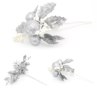 Silver Chic Glitter Christmas Spray Pick | Artificial Holly Christmas Decoration | Xmas Floral Spray - Design Varies One Supplied