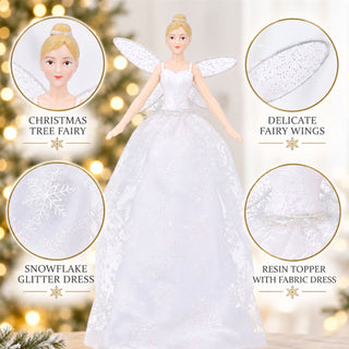 Christmas Tree Fairy Topper, Gisela Graham White Glitter Resin 28cm