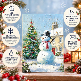 Snowman & Robin Christmas Advent Calendar, Snowy Cottage Scene