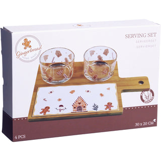 4-Piece Christmas Gingerbread Serving Board Set, 30cm Tray with 2 Glass Bowls