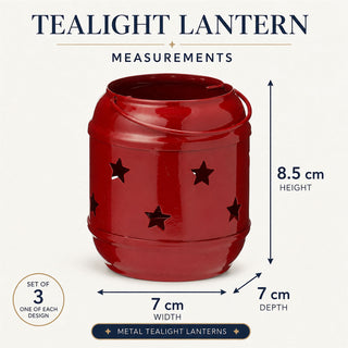 Set of 3 Red Metal Tealight Candle Hanging Lanterns, Moroccan Style Cut-Out