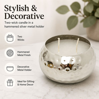 Hammered Two-Wick Candle in Silver Metal Holder, Unscented, 200g Wax Fill, 10 cm