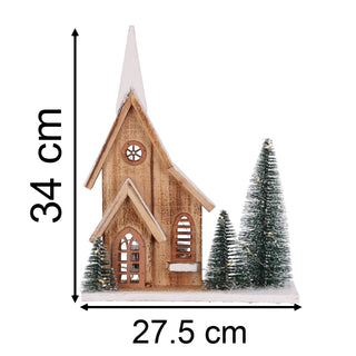 LED Wooden Christmas House with Bottle Brush Trees | Light-Up Rustic House