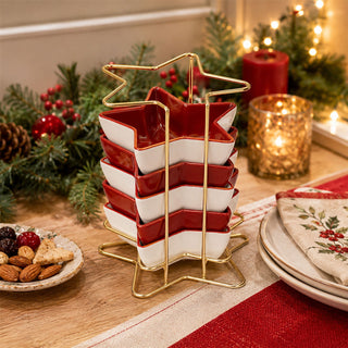 Star-Shaped Set of Snack Bowls, Ceramic Christmas Serving Bowls with Rack