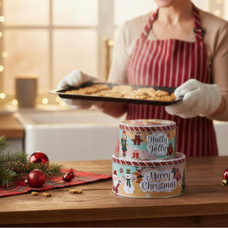 Set of 3 Christmas Storage Tins | 3-piece Triple Festive Round Nesting Tins