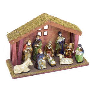 11-Piece Traditional Nativity Set with 10 Ceramic Figures & Wooden Stable - 30cm