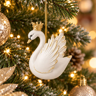 Hanging Swan Christmas Tree Decoration, 7.5cm White or Cream Gold Crown